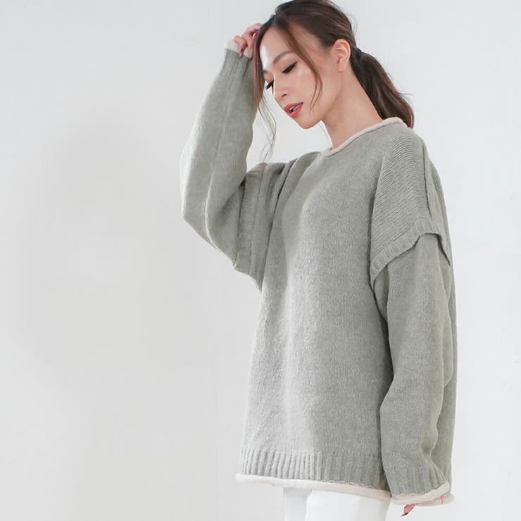 MiiDUE ふんわり ニット レディース ゆったり トップス ニットセーター セーター パイピング レイヤード風 長袖 厚手 パンツ・ズボン