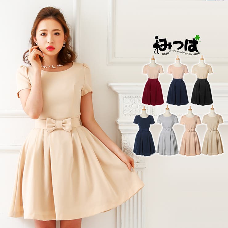 みつば 大人可愛いふんわりリボンドレス★7色ドレス パーティードレス ワンピース 結婚式 披露宴 大きいサイズ 二次会タイトフォーマルリボン ドッキング ゴム ラウンド パフスリーブ 膝丈 ミディ 30代 40代 【◆】 ワンピース・ドレス