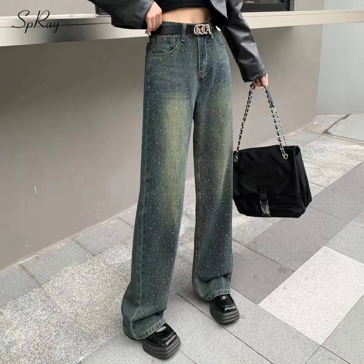 SpRay 데님 스터드 스트레이트 팬츠 바지 바지