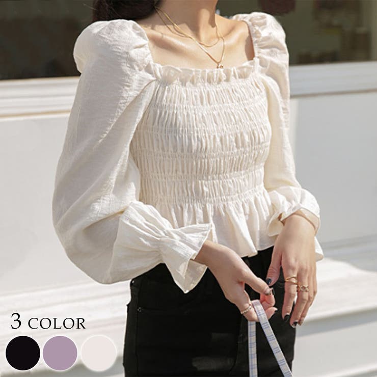 ＆soiree ワッシャーシャーリングブラウス スクエアネック 韓国ブラウス かわいい パフスリーブ夏服セクシー トップス