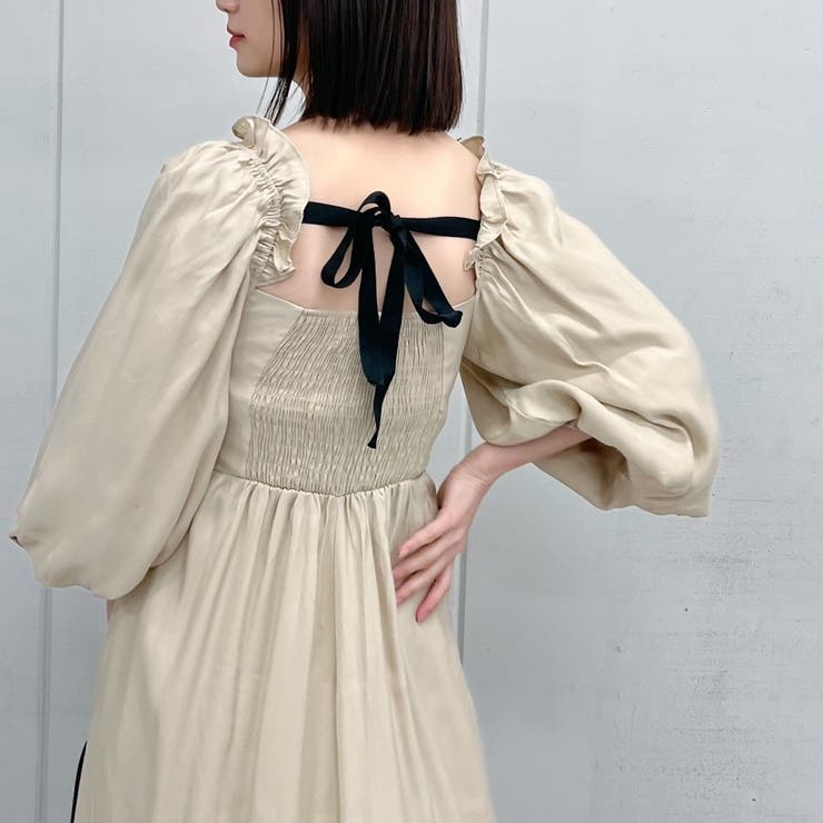＆soiree ボリュームスリーブバックリボンワンピース 韓国ワンピースロング ふんわり 夏 バックリボン スクエアネック ワンピース ロングワンピース夏服セクシー ワンピース・ドレス