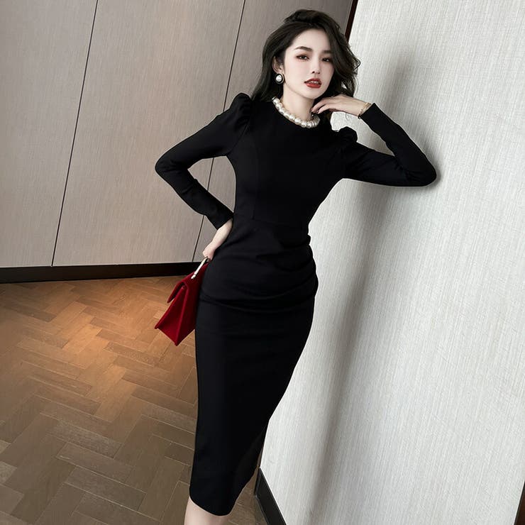 JS FASHION パールネックレス付 タイトワンピース シンプル パーティードレス ブラックドレス 黒 フォーマルドレス 無地 長袖 膝丈 ひざ丈 ミディアム丈 きれいめ スリム おしゃれ 上品 大きいサイズ 結婚式 謝恩会 二次会 発表会 お呼ばれ