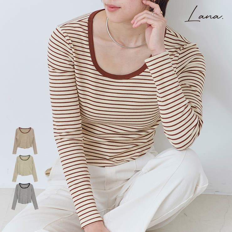 LAPULE Tシャツ レディース 長袖 春 秋 テレコリブ ラウンドネック ボーダー カットソー ロンT カラー 配色 ショート クロップド 大人 体型カバー ゆったり 20代 30代 40代 50代 トップス