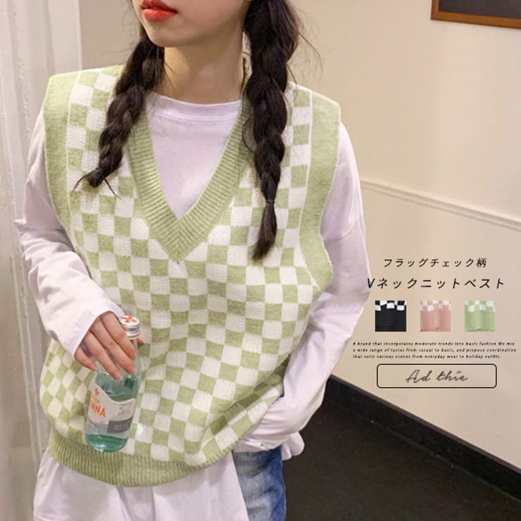 ad thie フラッグチェック柄ベスト トップス