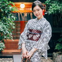 京のおしゃれ屋 レディース 浴衣 単品 綿麻(18) ホワイト系 ブラック系 幾何学 菱 縞 水玉 浴衣・着物