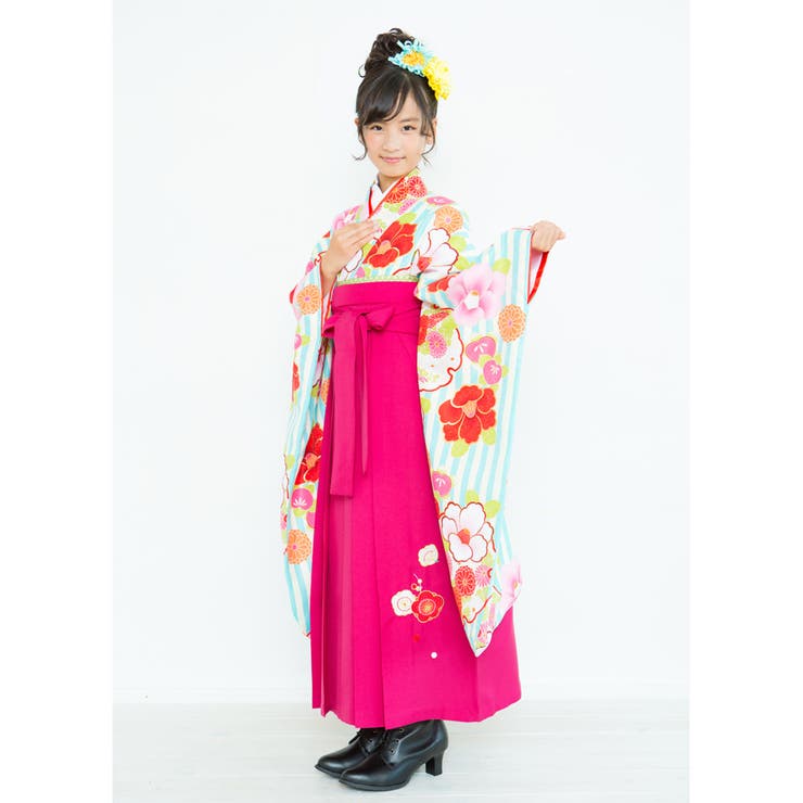 【10％OFFクーポン！4/17(金)9:59まで】京のおしゃれ屋 二尺袖着物 京都「花ひめ」 2点セット 縞雪輪青 ジュニア 伊達衿付 浴衣・着物