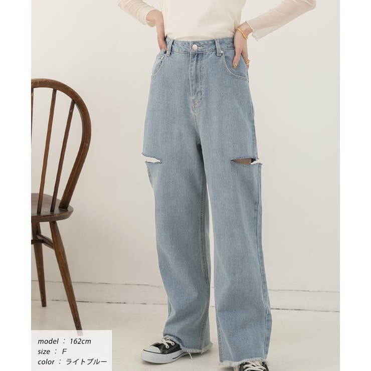 ad thie 裾フリンジ・後ろゴム サイドカット ワイドデニム パンツ・ズボン