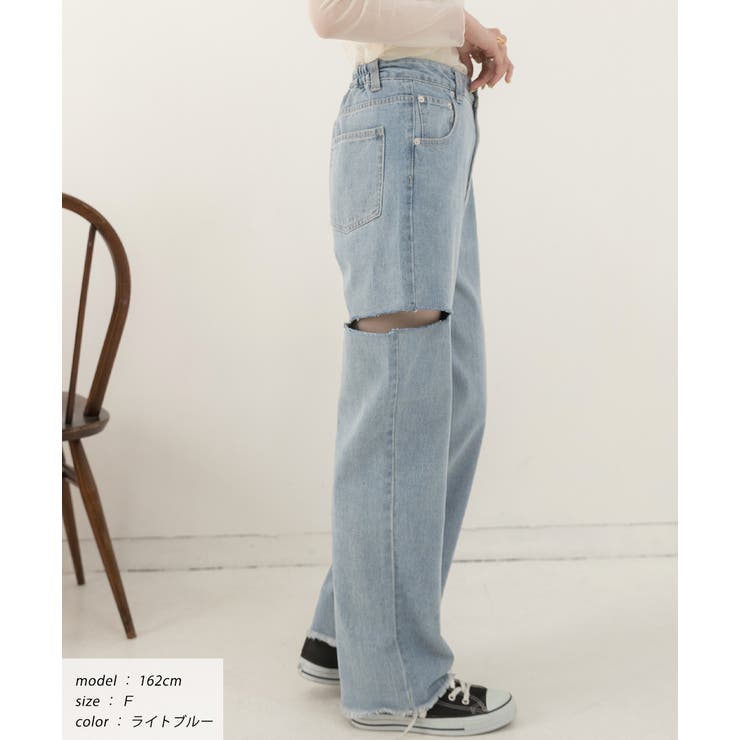ad thie 裾フリンジ・後ろゴム サイドカット ワイドデニム パンツ・ズボン