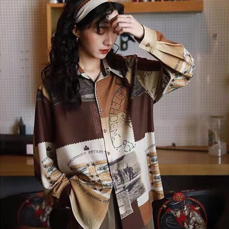 【10％OFFクーポン！12/11(木)1:59まで】Decorative 柄シャツ 飛行機 写真 白黒写真 フォト プリント ..