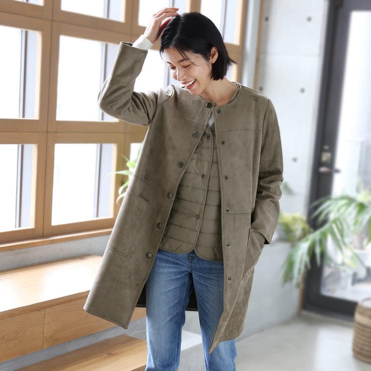 sankyo shokai ノーカラーコート スエードポンチ ライナーベスト付き 3way レディース アウター スエード調 ポンチ コート ノーカラー ライナー付きコート 中綿ベスト 薄手 秋 フェイクスエード シンプル 羽織り 大人 無地 秋冬