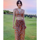 Angel Luna 水着 レディース ビキニ パレオ付 上下3点セット ノンワイヤー パット入り ブラウン系 ブルー M L 体型カバー スポーツブラハイライズショーツ パレオリボン付 シフォン フェミニン 綺麗 花柄 海 プール 2020新作 水着