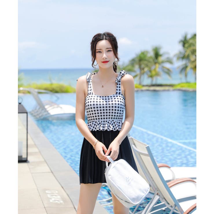 Angel Luna 水着 レディース ワンピース オールインワン水着 ワイヤー入り パットなし パットポケットあり ブラック ホワイト 無地ギンガムチェック柄 M L 肩紐リボン ビスチェ風 フレアスカート 体型カバー 足長 海 プール 2020新作 shoplistselect-10212406 SHOPLIST サンプル画像3