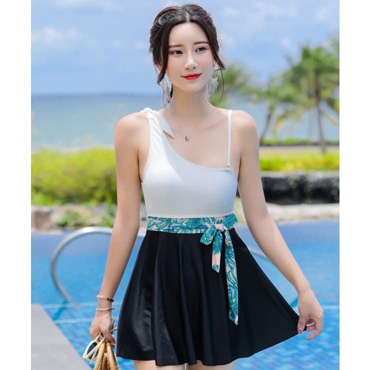 Angel Luna 水着 レディース ワンピース オールインワン水着 ノンワイヤー パット入り パットポケットあり ホワイト ブラック 無地 リーフ柄ウエストマーク M L 肩紐取り外し ワンショル フレアスカート 体型カバー 足長 海 プール 202 shoplistselect-10212407 SHOPLIST サンプル画像2
