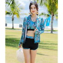 Angel Luna 水着 レディース フィットネス ラッシュガード付 上下3点セット ノンワイヤー パット入り スポーツブラ ライトブルー ブラック 黒M L リーフ柄 体型カバー 日焼け防止 フロントファスナー ボクサーパンツ 無地 海 プール 20