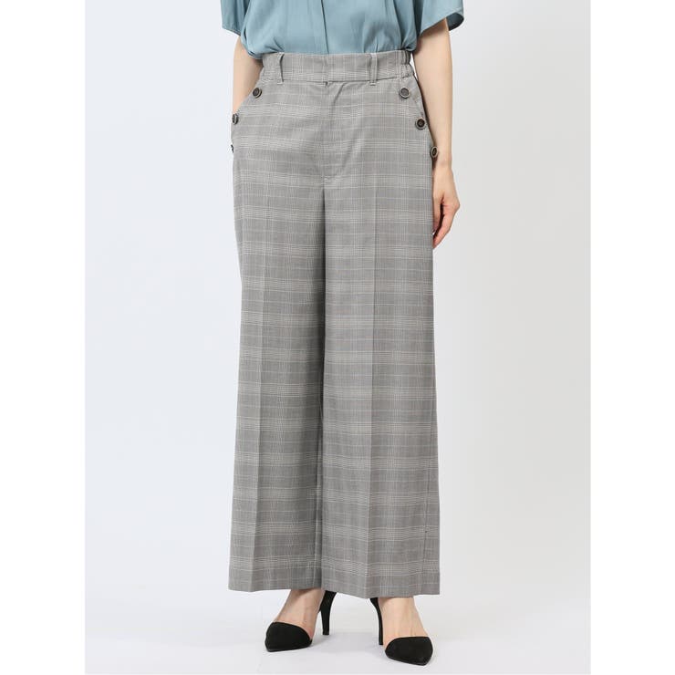 TAKA-Q WOMEN ストレッチウォッシャブル ボタン付き グレンチェック柄ワイドパンツ(セットアップ可能) パンツ・ズボン