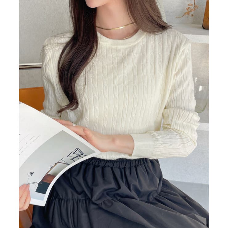 【3/11 1:59まで 10%OFFクーポン】クルーネック ケーブル コンパクト 長袖 ニットのサムネイル