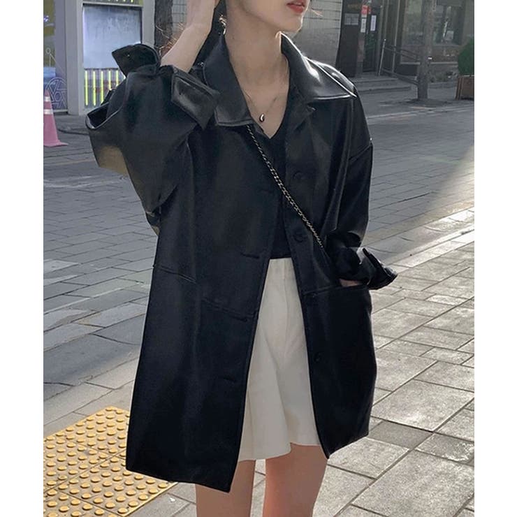 【1/29 1:59まで 10%OFFクーポン】レザー調シャツジャケット風コートのサムネイル