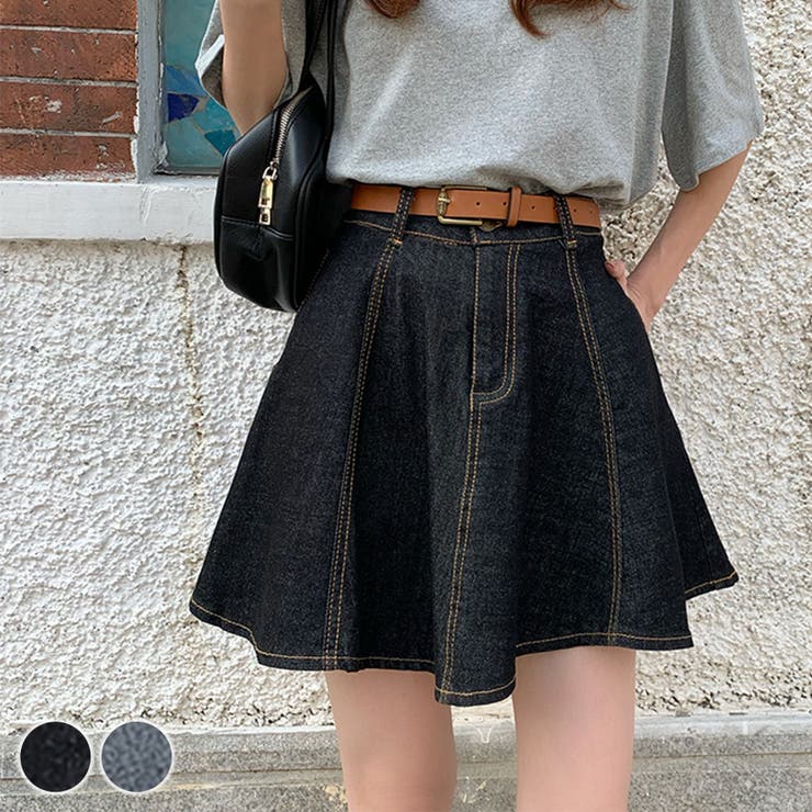 teddyshop デニムスカート 春 フレア 夏 ミニスカート Aライン 全2色 韓国ファッション レディース ボ..