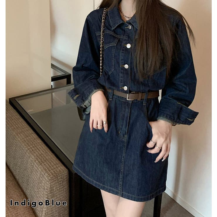 teddyshop ワンピース デニム シャツワンピ 全5色 韓国ファッション レディース 春服 春 秋服 秋 冬 長袖 トップス シンプル カジュアル レトロ 可愛い オシャレ ゆったり ファスナー スタンドカラー Aライン スカート ベルトループ ワ shoplistselect-10019754 SHOPLIST サンプル画像3