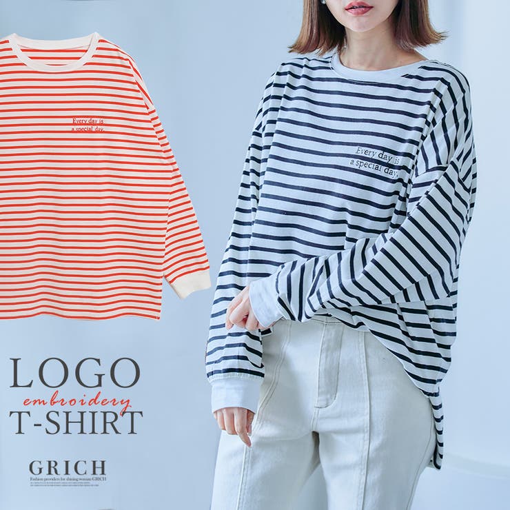 Growing Rich ボーダー柄カジュアルロンT トップス Tシャツ 長袖 ロンT ボーダー カジュアル ラフ 胸刺繍 ワンポイント ゆったり 体型カバー 長め チュニック丈 ママコーデ オレンジ ブラック [211127] トップス