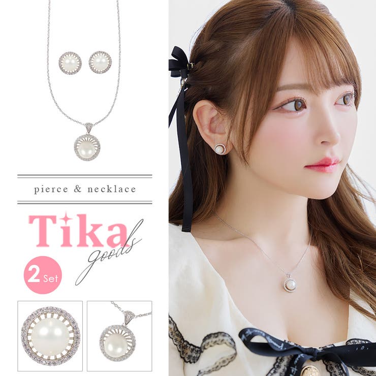 【10％OFFクーポン！12/11(木)1:59まで】Tika シルバービジューフレームポイントパールピアス＆ネックレス 韓国アクセサリー アクセサリーセット キャバアクセサリー キャバドレス キャバ ドレス シルバー 黒崎みさ Tika ティカ アクセ