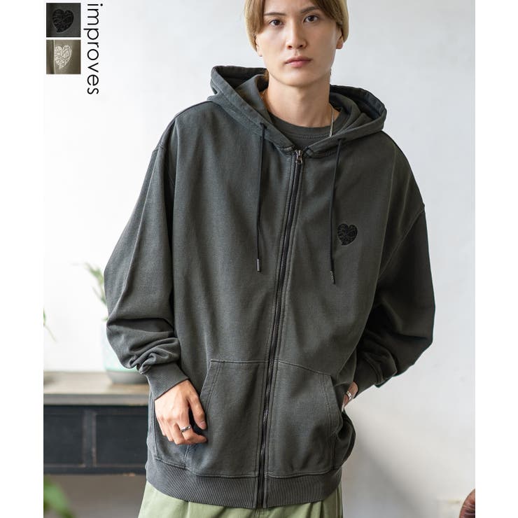 【10％OFFクーポン！1/16(金)1:59まで】improves パーカー メンズ SIDEWAY STANCE サイドウェイスタンス ピグメント加工 ハート 刺しゅう ジップアップ パーカー オーバーサイズ スケーター ストリート 韓国 トップス