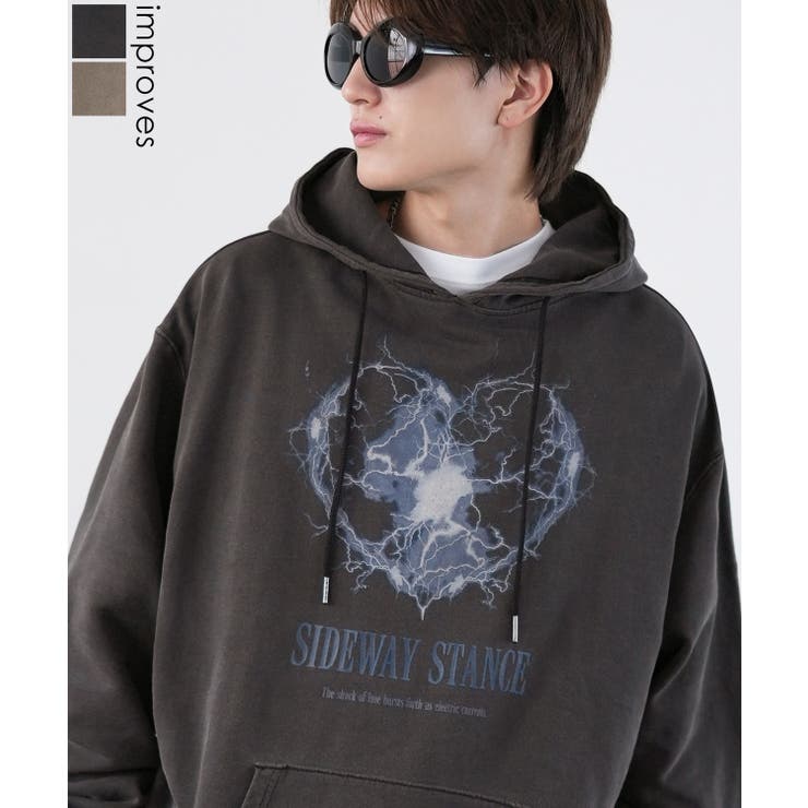 improves パーカー メンズ SIDEWAY STANCE サイドウェイスタンス ピグメント加工 サンダーハート プルパーカー オーバーサイズ スケーター ストリート 韓国 トップス