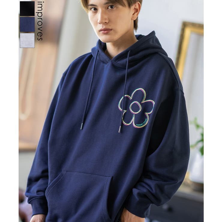 improves パーカー メンズ SIDEWAY STANCE サイドウェイスタンス 刺しゅう スウェット フラワー オーバーサイズ 大きめ アメカジ カジュアル スケーター ストリート トップス