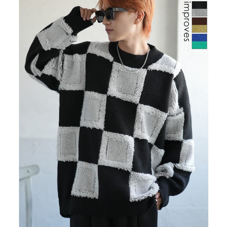 improves ニットセーター メンズ チェック 市松模様 クルーネック ニット ストリート カジュアル アメカジ 古着MIX 韓国ファッション ホワイト ブ...
