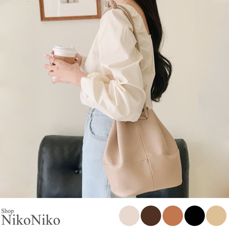 ShopNikoNiko 巾着バッグ ショルダー バッグ レザー ショルダーバッグ ハンド スクエア シンプル カフェ ナチュラル トレンド人気 韓国ファッション レディース Instagram バッグ・鞄