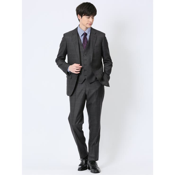 【10%OFFクーポン!11/27(木)1:59まで】TAKA-Q MEN 光沢ウール混 スリムフィット 2ボタン3ピーススーツ チェックグレー スーツ