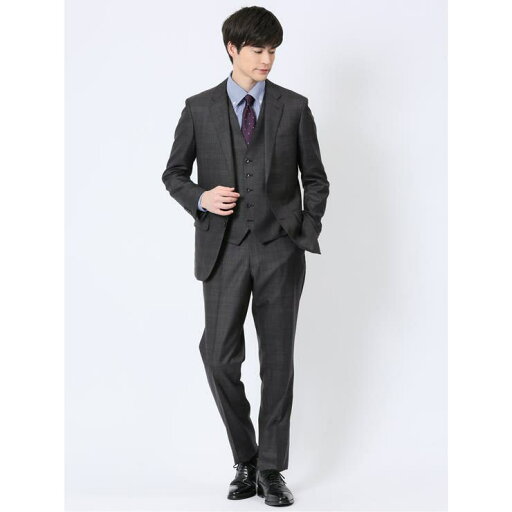TAKA-Q MEN 光沢ウール混 スリムフィット 2ボタン3ピーススーツ チェックグレー スーツ TAKA-Q MEN 光沢ウール混 スリムフィット 2ボタン3ピーススーツ チェックグレー スーツ
