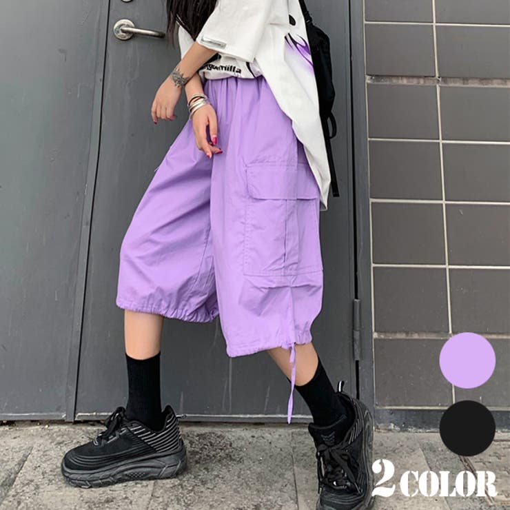 Nylon, Rayon, Polyester - 【10％OFFクーポン！5/16(土)1:59まで】Decorative ハーフパンツ ショート丈 カーゴパンツ ワイド ウエストゴム 黒 紫色 ダンス 衣装 ヒップホップ コスチューム 韓国ファッション 大きいサイズ 個性的 春 夏 秋 パンツ パンツ