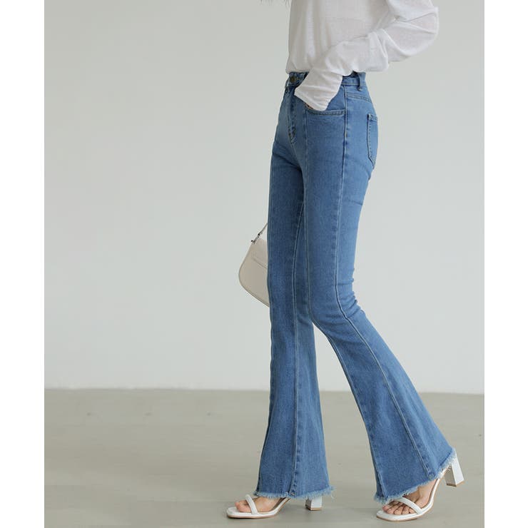 【10％OFFクーポン！9/24(木)1:59まで】COCOMOMO デニムパンツ フレアデニムパンツ 美脚ストレッチ レディース ハイウエスト フレア パンツ フレア デニム ボトムス ジーンズ ジーパン きれいめ カジュアル 伸縮性 フリンジ ブーツ shoplistselect-10004536 SHOPLIST サンプル画像3