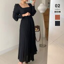 【マラソン期間中 5%OFFクーポン】COCOMOMO ワンピース ブリーツマキシワンピース 長袖ロングワンピース パーティドレス 同色ベルト付き パフスリーブ ロング ワンピース プリーツスカート シフォン マキシ丈 結婚式 お呼ばれ 秋 秋物 春 春