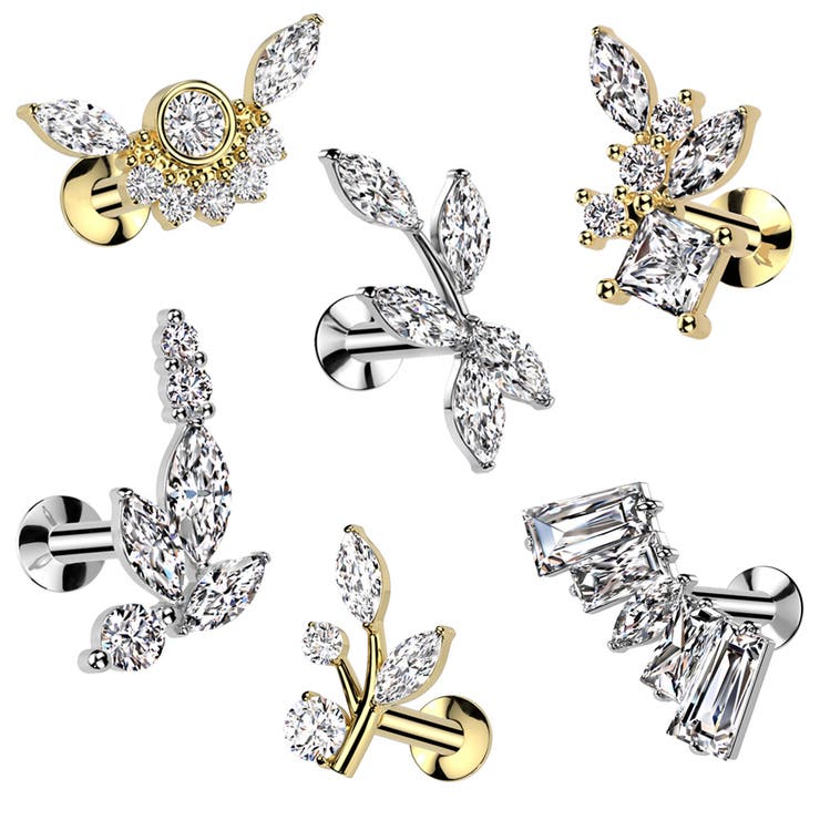 【10％OFFクーポン！12/11(木)1:59まで】ピアス専門店HOMESLICEPRODUCTIONS ボディピアス16G 18G ラブレットスタッド ジュエル ヴァイン リーフ ラウンド ダイヤ 蔓 葉 プッシュ ワンタッチ ラブレットスタッド 耳