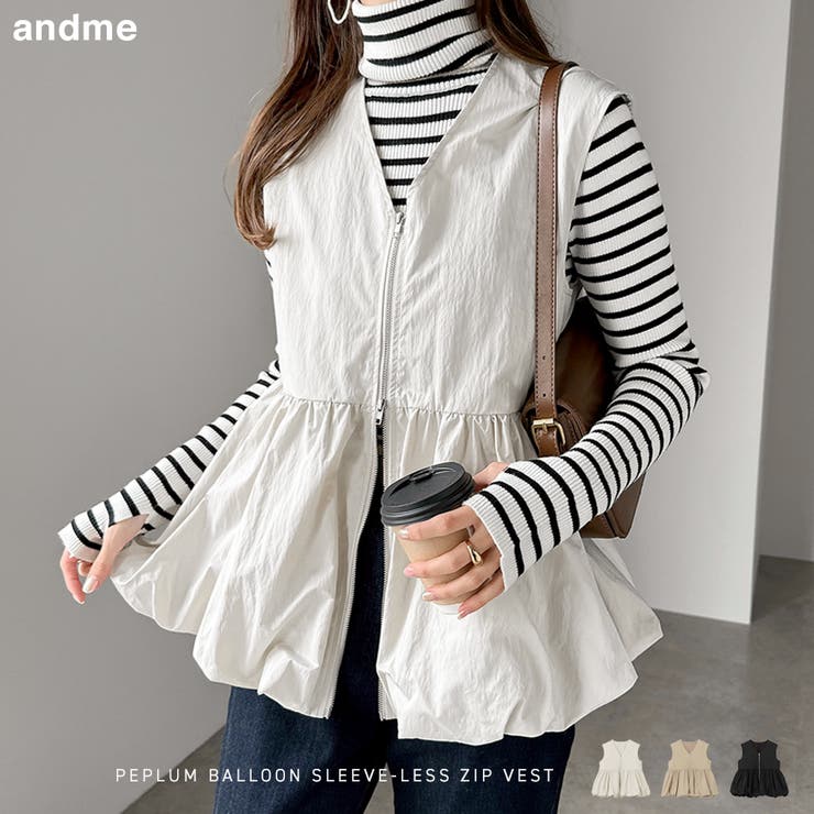【12/25限定 30%OFFクーポン】Vネック ペプラム バルーン ジップ ベスト レディース トップス ブラウス アウター ジレ 羽織り ノーカラー ノースリーブ ダブルジップ フレア ギャザー 体型カバー きれいめ オケージョン セレモニのサムネイル