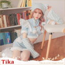 Tika ハートバストカットストライプキャットガールコスチューム コスプレ 袖あり 半袖 露出少なめ ハロウィン サンタ クリスマス ガーリー セットアップ アニマル ハートカット カットアウト Mサイズ ライトブルー 戦慄かなの Tika ティカ コス