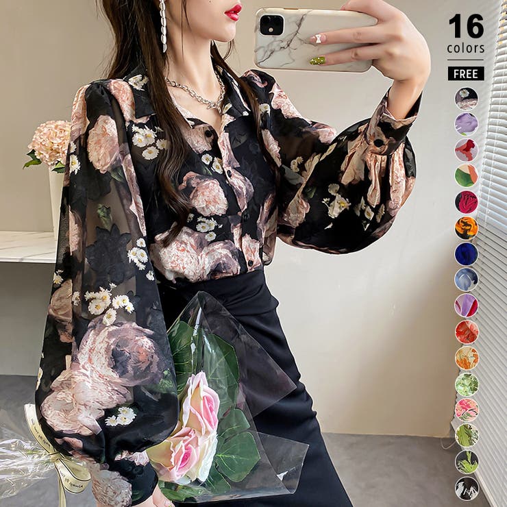 COCOMOMO シャツブラウス ボリュームスリーブブラウス シフォンシャツ ブラウス シャツ レディース トップス ボリュームスリーブ ボリューム袖 ランタンスリーブ パフスリーブ ぽわん袖 長袖 柄 襟付き レトロ エレガント 大人 春 夏 秋 韓国のサムネイル