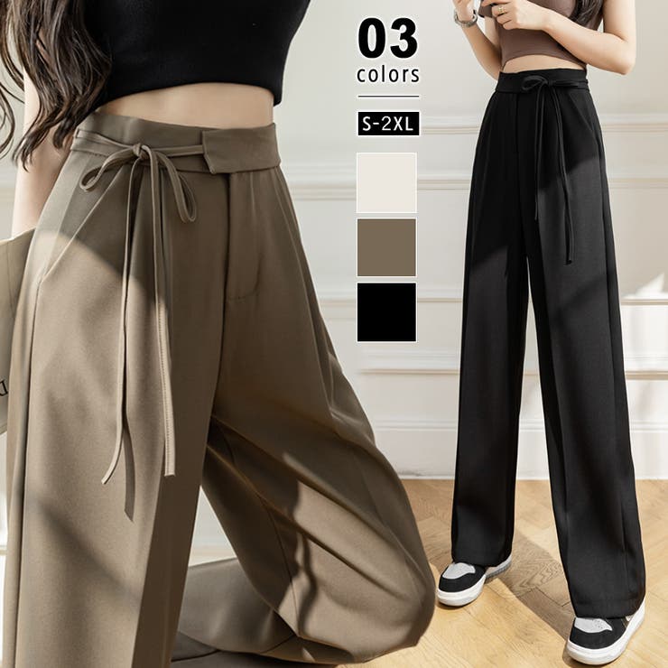 COCOMOMO スラックスパンツ センタープレスワイドパンツ ストレートパンツ センタープレス ワイドパンツ レディース サイドリボン パンツ ボトムス タックパンツ ハイウエスト スラックス オフィス オフィスカジュアル きれいめ 春 夏 秋 韓国のサムネイル