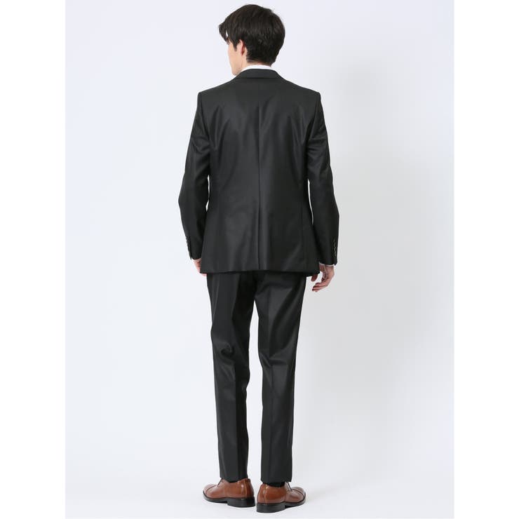 TAKA-Q MEN ウール混ストレッチ スリムフィット 2ボタン3ピーススーツ シャドーストライプ黒 スーツ