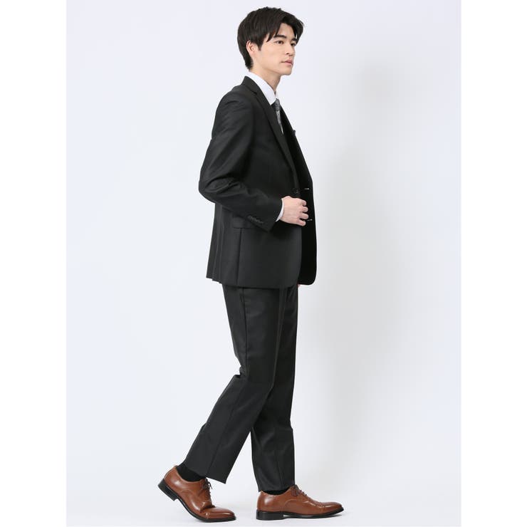 TAKA-Q MEN ウール混ストレッチ スリムフィット 2ボタン3ピーススーツ シャドーストライプ黒 スーツ