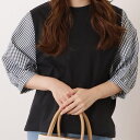 レースレディース 5分袖フェイクレイヤードドッキングブラウス 女性 レディース 春 秋 冬 ロングシーズン 異素材 トップス プルオーバー ジレ 重ね着 ベーシック シンプル フレア ボリューム袖 バルーン Aライン ゆったり 体型カバー 着回し デイ
