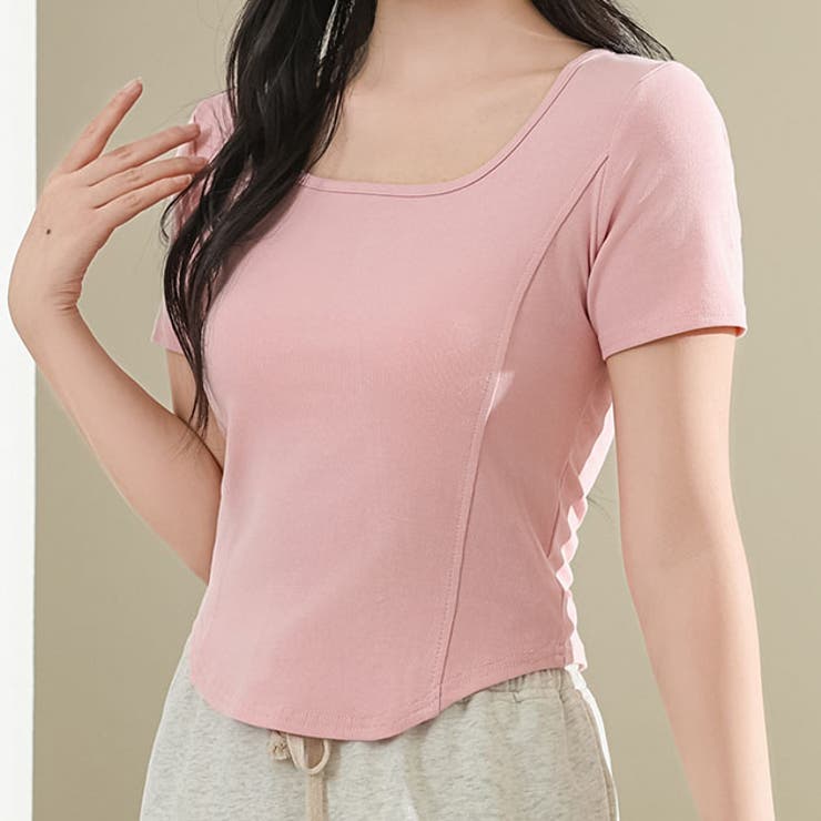【10％OFFクーポン！7/26(日)1:59まで】レースレディース スクエアネック ラウンドヘム コンパクト 半袖 トップス 女性 レディース トップス プルオーバー 秋 春 夏 単色 無地 きれいめ カジュアル Tシャツ 細見え ステッチ ウエストシ