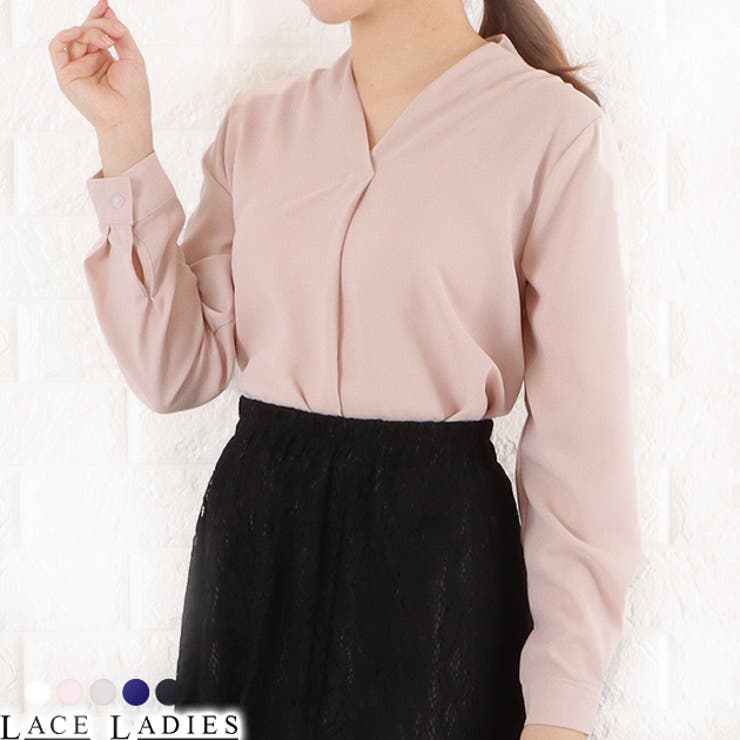 【10％OFFクーポン！3/26(木)1:59まで】レースレディース Vネック シフォン ブラウス レディース トップス 長袖 無地 秋 冬 春 シンプル フェミニン ガーリー きれいめ オフィスカジュアル ホワイト ブラック グレー ネイビー ピンク