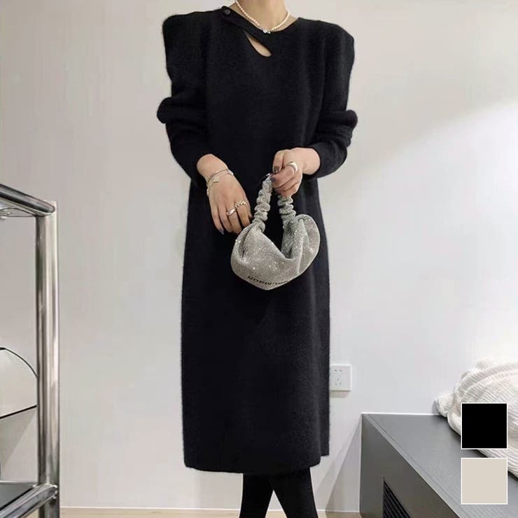 【10％OFFクーポン！1/16(金)1:59まで】maison de LATIR 上品に映えるロングニットワンピース ワンピース ニットワンピ レトロ パフスリーブ 肌見せ 大人女子 上品 おでかけ ディナー 女子会 レディース 冬結婚式 フォーマル