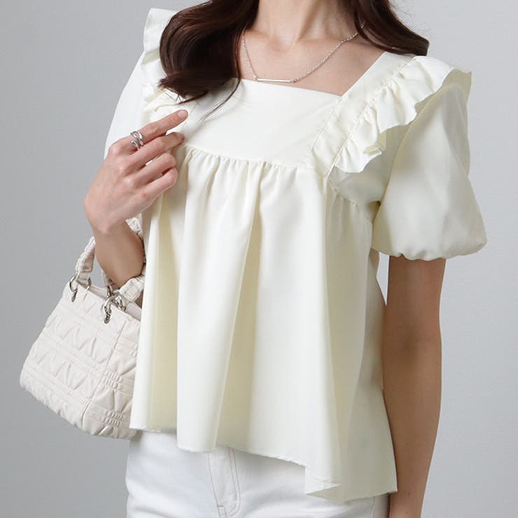 レースレディース 2WAY スクエアネック フリル リボン 半袖 ブラウス 女性 レディース トップス プルオーバー チュニック 春 夏 ギャザー シャーリング パフスリーブ 両前 単色 無地 着まわし カジュアル Aライン キュート 可愛い 甘め ガのサムネイル