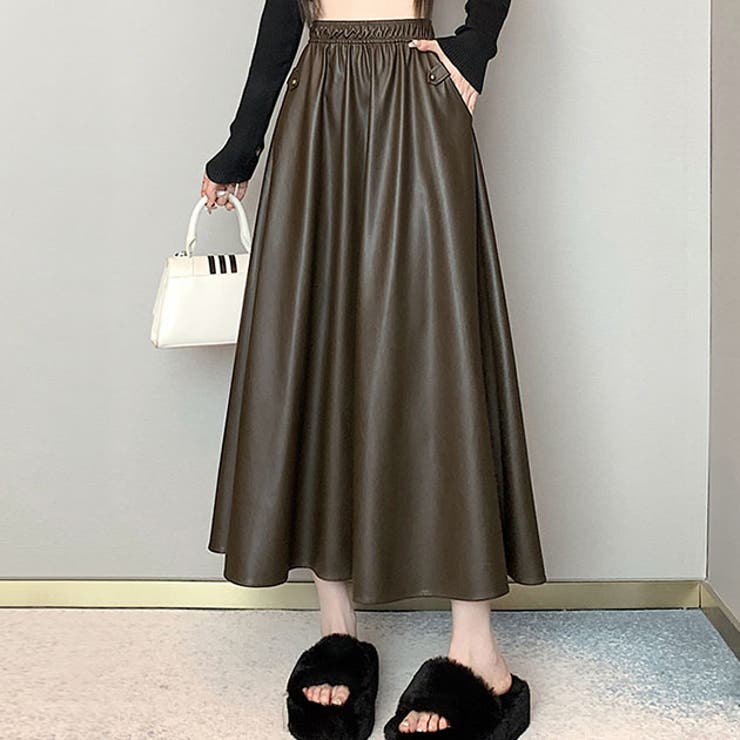 レースレディース ハイウエスト レザー調 Aライン イージー スカート 女性 レディース ボトム 秋 冬 腰高設計 ミディアム ミモレ丈 ひざ下 フレア Aライン 大人 シック オンコーデ 辛口 きれいめ モード 単色 無地 合成皮革 脚長効果 シンプ