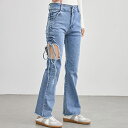 レースレディース サイド シャーリング カットアウト ダメージ デニム パンツ 女性 レディース ジーンズ Gパン ボトム 秋 冬 腰高設計 ハイウエスト フリンジ リメイク アシンメトリー フレア カジュアル 裾広がり デイリー 着まわし パンツ・ズ
