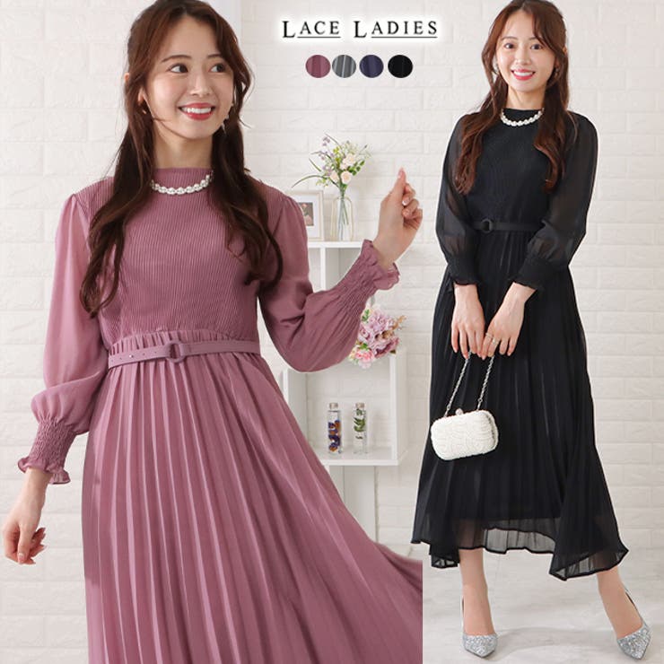 レースレディース ベルト付きシフォンプリーツ長袖ワンピース 女性 レディース ワンピース パンツドレ..